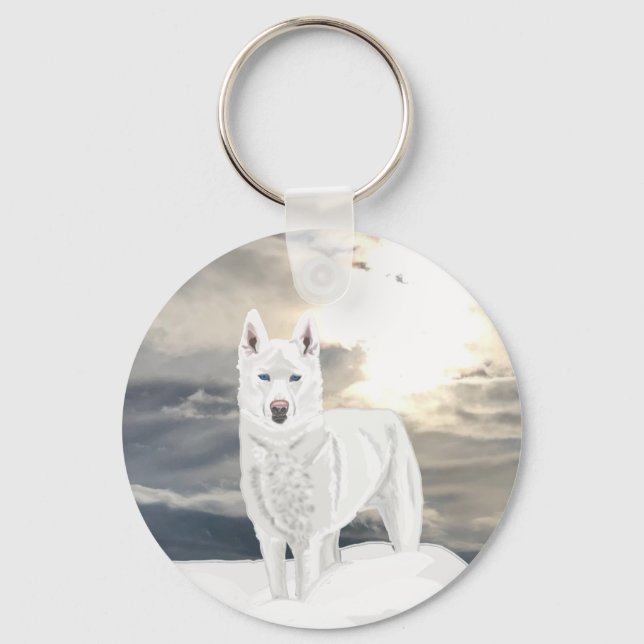 Porte-clés Husky blanc aux yeux bleus, dans la neige (Recto)