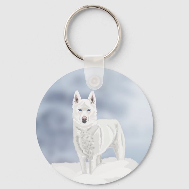 Porte-clés Husky blanc sur fond de neige (Recto)