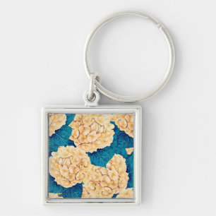 Porte-clés Hydrangea aquarelle motif, jaune et bleu