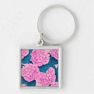 Porte-clés Hydrangea aquarelle motif, rose et bleu