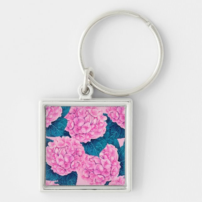 Porte-clés Hydrangea aquarelle motif, rose et bleu (Devant)
