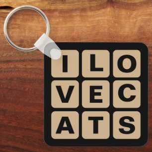 Porte-clés I Love Cats Tan et Black Letter Blocks Button