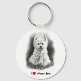Porte-clés I Love (Coeur) Westies : Dessin au crayon