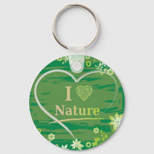 Porte-clés I Love Nature Coeur Texte et Fleurs - Vert