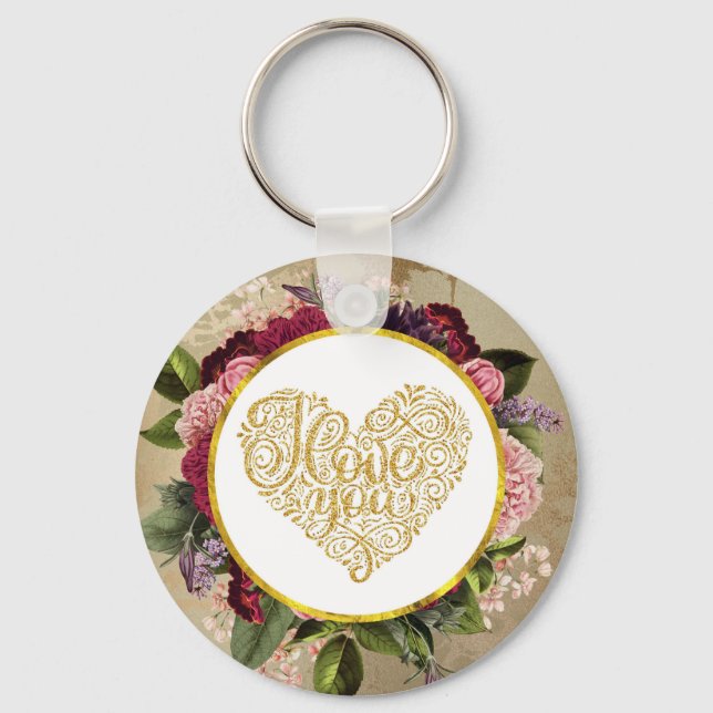 Porte-clés I Love You Fancy Golden Heart with Floral Frame (Recto)