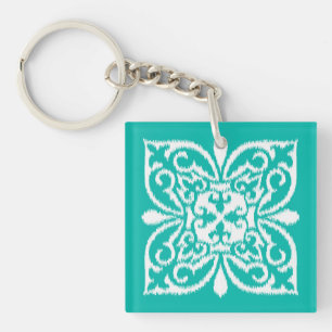 Porte-clés Ikat damask motif - turquoise et blanc