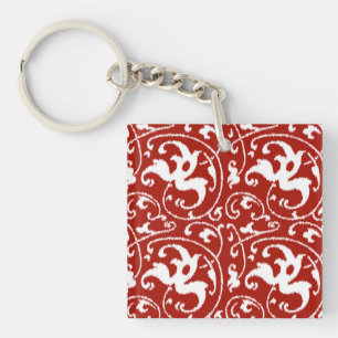 Porte-clés Ikat Floral Damask - Rouge foncé et blanc