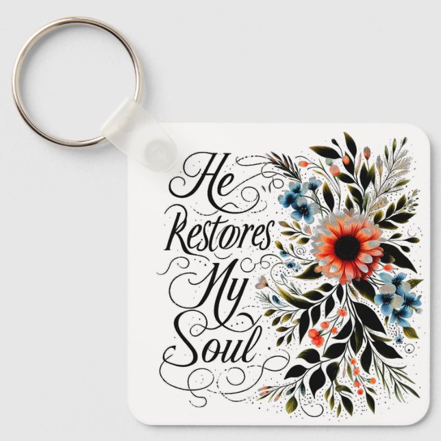 Porte-clés Il restaure mon âme monogramme floral (Recto)