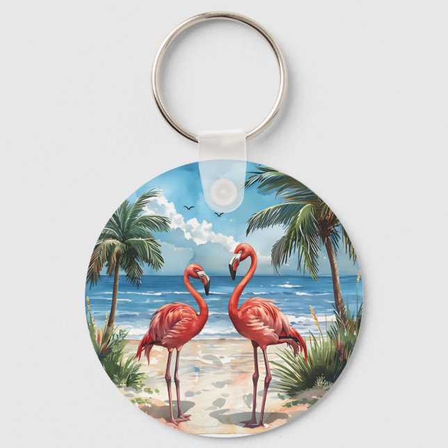 Porte-clés île tropicale flamant rose palmiers de  (Recto)
