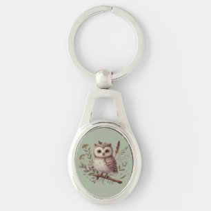 Porte-clés Illustration botanique de chouette fantaisiste de