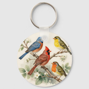 Porte-clés Illustration de branche fleurie avec oiseaux chant