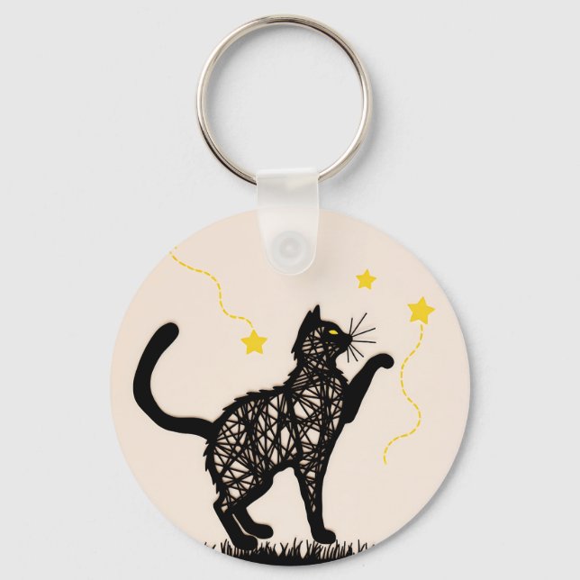 Porte-clés Illustration de chat noir étoiles ludiques (Recto)