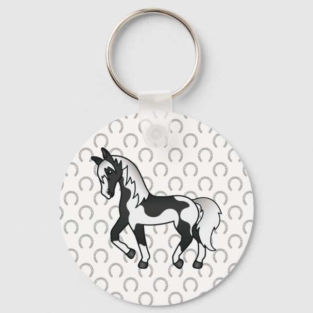 Porte-clés Illustration de cheval de trot à robe pie noire en (Recto)