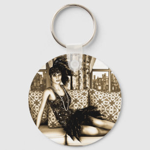 Porte-clés Illustration de femme Flapper Art Déco sépia