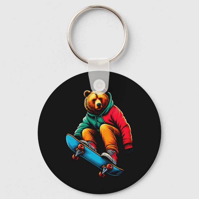 Porte-clés Illustration de grizzli funky cool en skateboard (Recto)