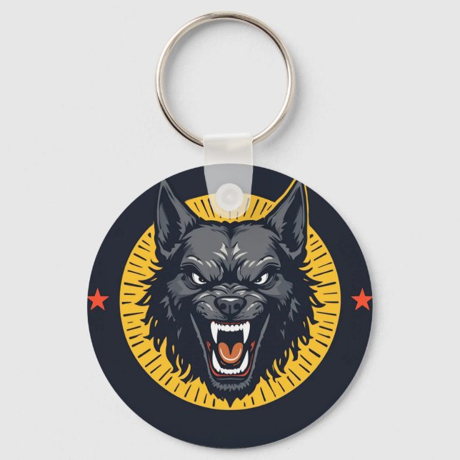 Porte-clés Illustration de loup féroce avec design circulaire (Recto)