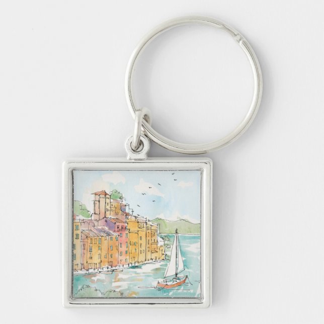 Porte-clés Illustration de port de Porofino avec le voilier (Devant)