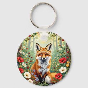 Porte-clés Illustration de renard dans une forêt de fleurs sa