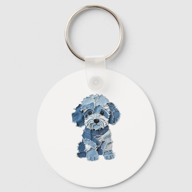 Porte-clés Illustration du chien de la patchwork Denim mignon (Recto)