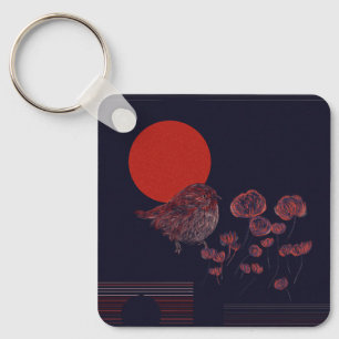 Porte-clés Illustration du soleil rouge avec un rouge-gorge