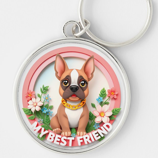 Porte-clés Illustration d'un chien adorable avec des fleurs (Devant)