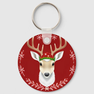 Porte-clés Illustration festive de rennes avec fond rouge