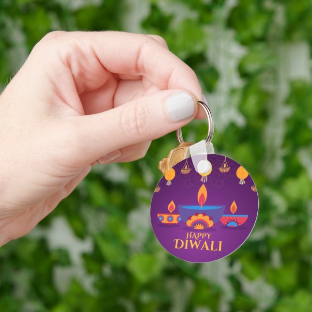 Porte-clés Illustration lumineuse Diwali rose pourpre (main)