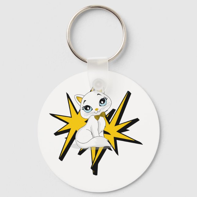 Porte-clés Illustration Pop Art de chaton blanc mignon (Recto)