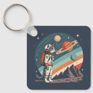 Porte-clés Illustration Rétro de Chat Astronaute dans l'Espac