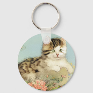 Porte-clés Illustration vintage de chat avec fleurs roses