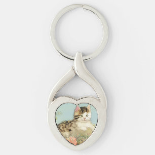 Porte-clés Illustration vintage de chat avec fleurs roses