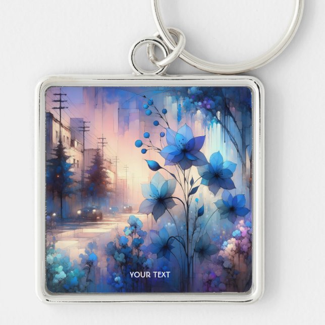 Porte-clés Imaginaire Bleu mignon Fleurs Ville (Devant)