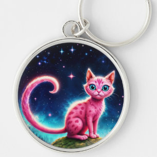 Porte-clés Imaginaire chat rose dans la forêt de nuit étoilée