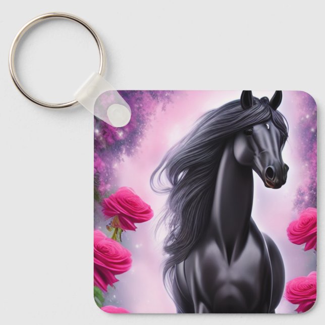 Porte-clés Imaginaire noir Stallion et rose floral graphique (Recto)