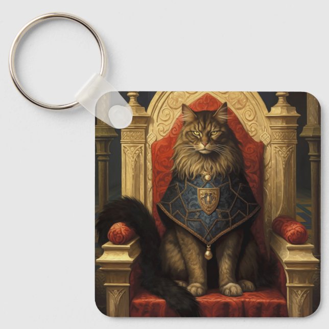Porte-clés Impression d'art du trône de chat Maine Coon noble (Recto)