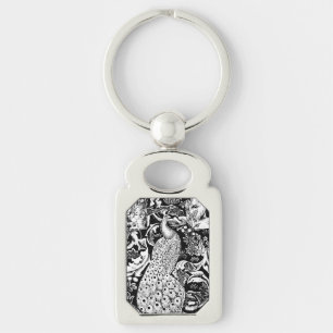 Porte-clés Impression de paon Art nouveau, noir et blanc