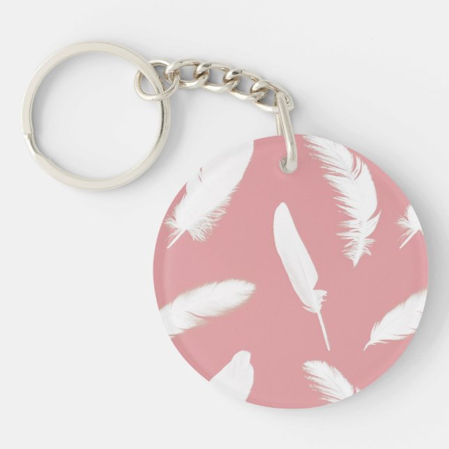 Porte-clés Impression de plume blanche sur rose coquillage (Devant)