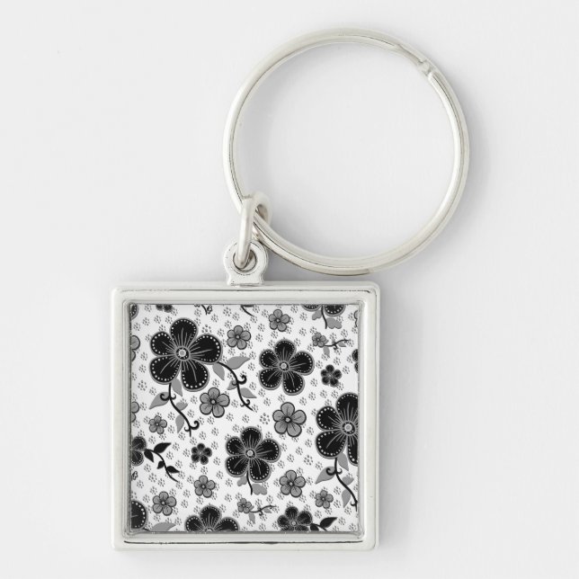 Porte-clés Impression florale noire et blanche (Devant)