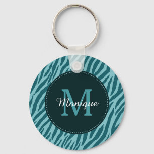 Porte-clés Impression Zèbre Turquoise avec Monogramme et nom