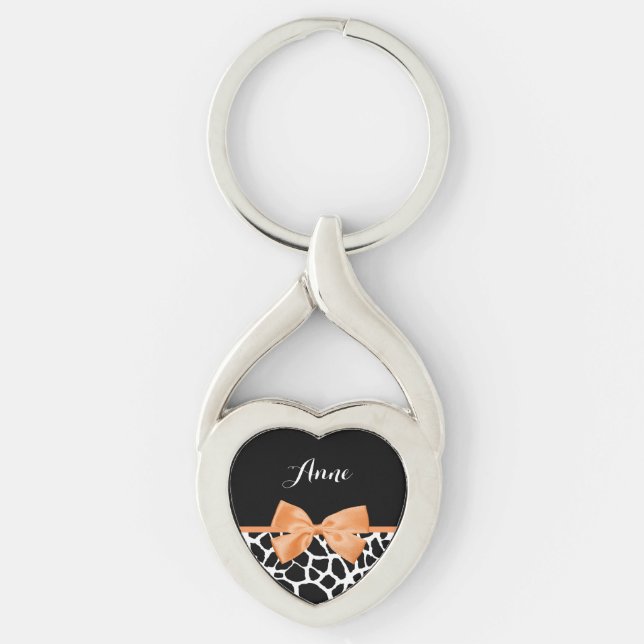 Porte-clés Imprimé girafe féminin ruban orange avec nom (Devant)
