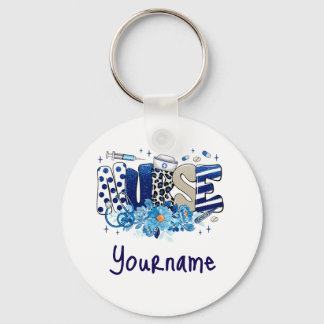 Porte-clés Infirmière bleu audacieux motif animal, fleurs