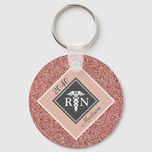 Porte-clés Infirmière RN Graduation Rose Gold Parties scintil (Recto)
