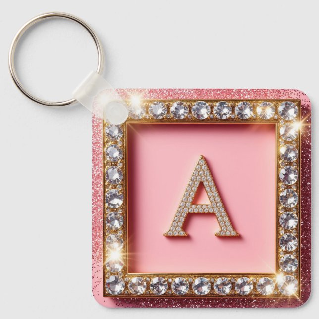 Porte-clés Initiale A Diamant Cadre Doré Paillettes Roses Mon (Recto)