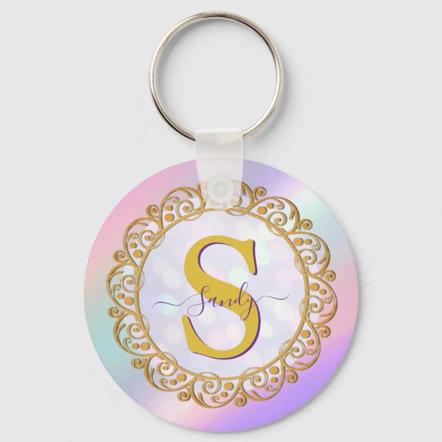 Porte-clés Initiale iridescente chic avec ornement doré (Recto)