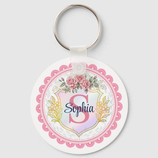Porte-clés Initiale & Monogramme de Nom Floral Élégant (Recto)