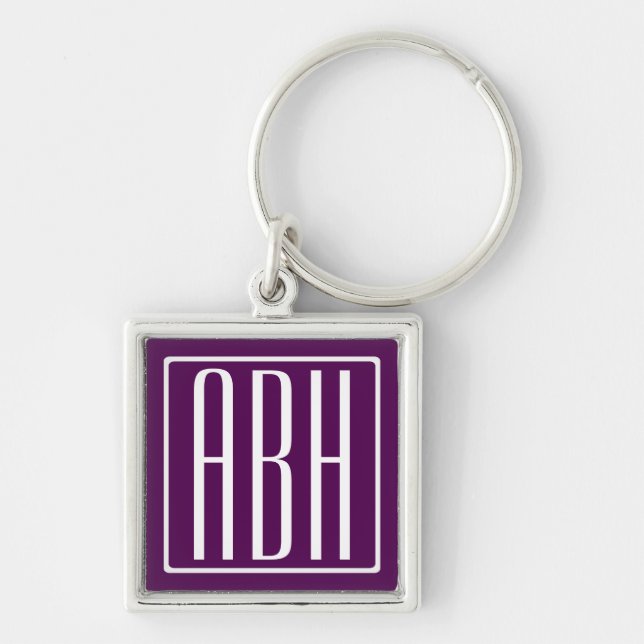 Porte-clés Initiales Monogramme | Blanc Sur Violet Foncé (Devant)