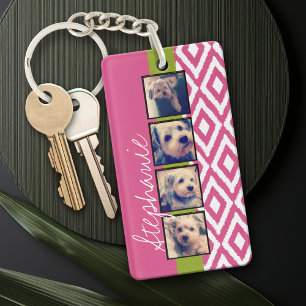 Porte-clés Instagram Photo Collage avec nom rose chaud Ikat