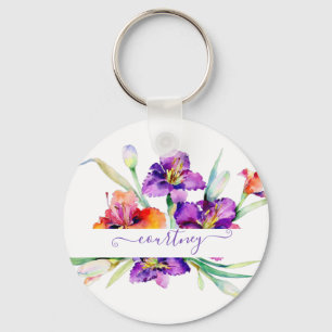 Porte-clés Iris aquarelle violette personnalisée