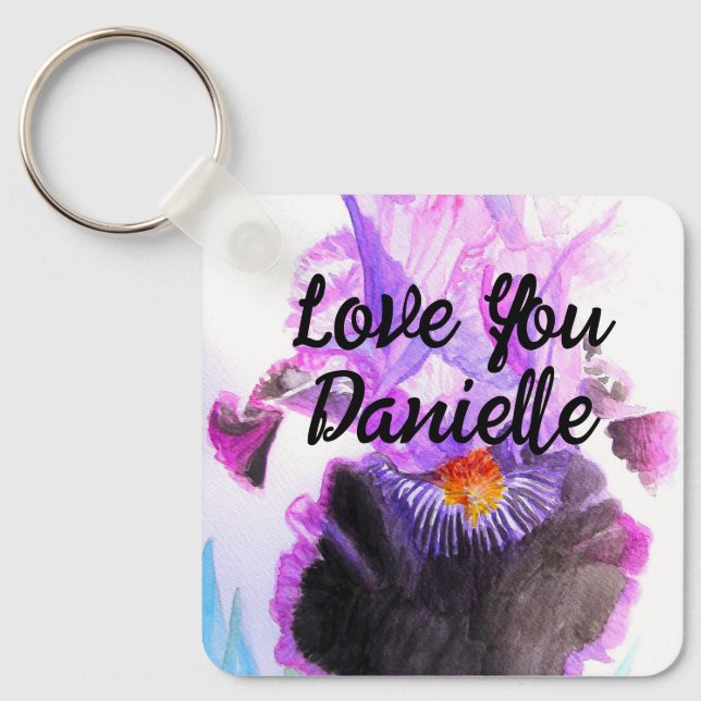 Porte-clés Iris Pourpre Fleur Aquarelle Florale Anniversaire (Recto)