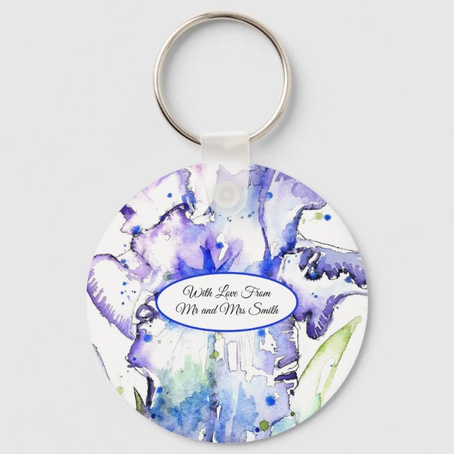 Porte-clés Iris Violet Aquarelle Mariage Bleu (Recto)